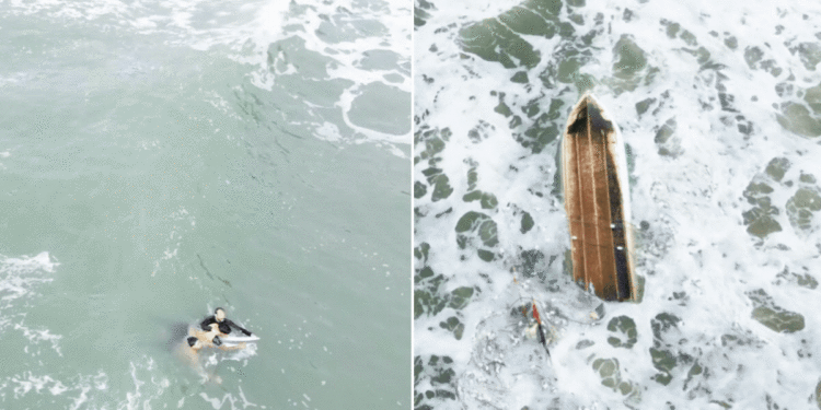 Surfista usa prancha em resgate de pescadores após barco virar no litoral de SP; VÍDEO